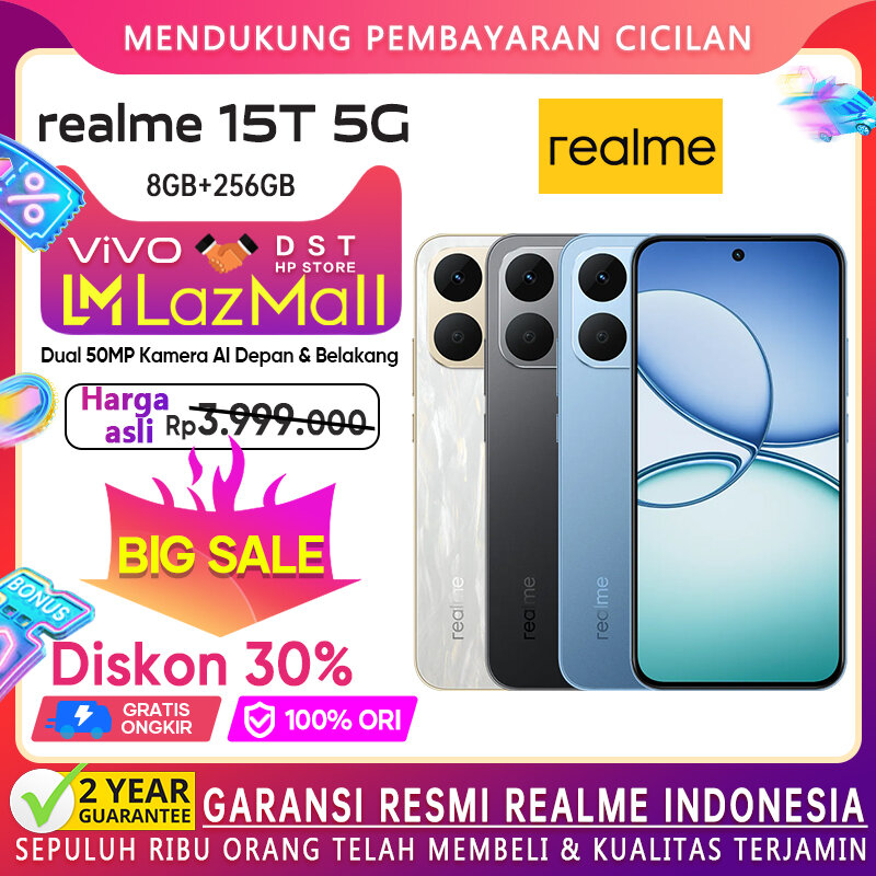 [Official Store] realme 15T 5G 8/128GB 8/256GB 60W FastCharge-realme official warranty Indonesia Harga 3,999,000 rupiah*Gratis Ongkir