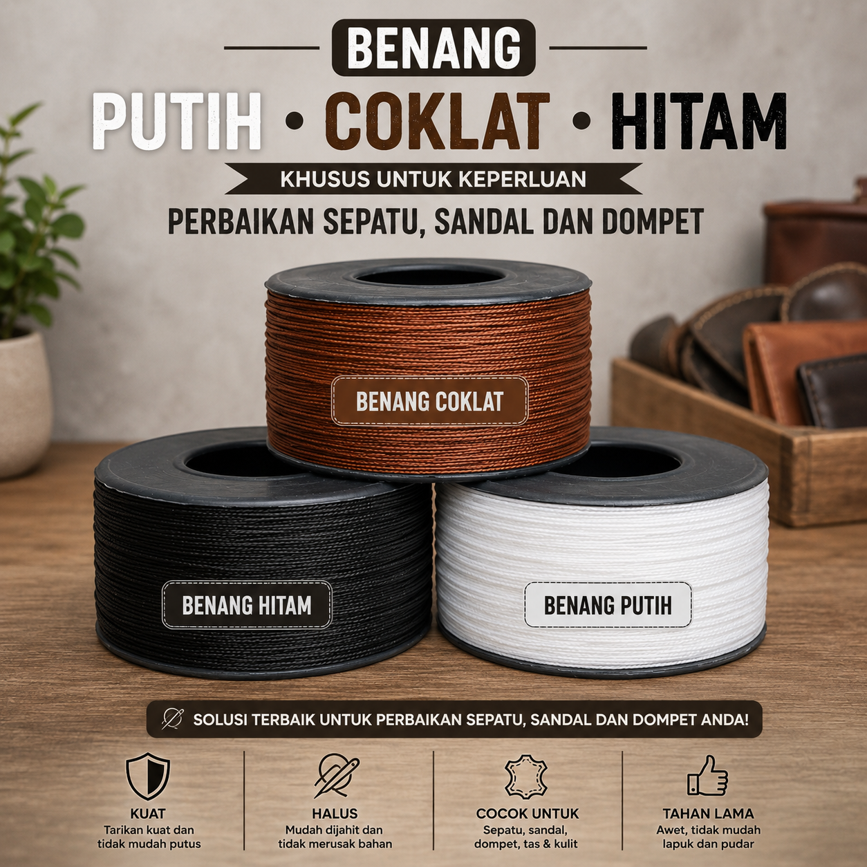 Benang Sol Rol Jumbo Hitam Coklat Putih untuk Jahit Sepatu Sandal Dompet