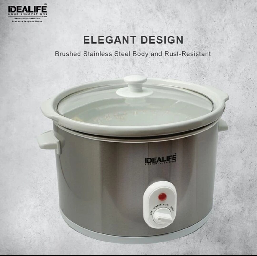 IDEALIFE SLOW COOKER 5 LITER IL 350 CERAMIC POT GLASS LID STAINLESS