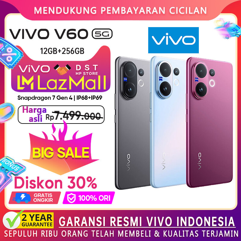 Vivo V60 5G 12/256GB 12/512GB Snapdragon 7 Gen 4 90W FlashCharge ZEISS Portrait IP69 Garansi Resmi Harga 6,999,000 rupiah*Gratis Ongkir