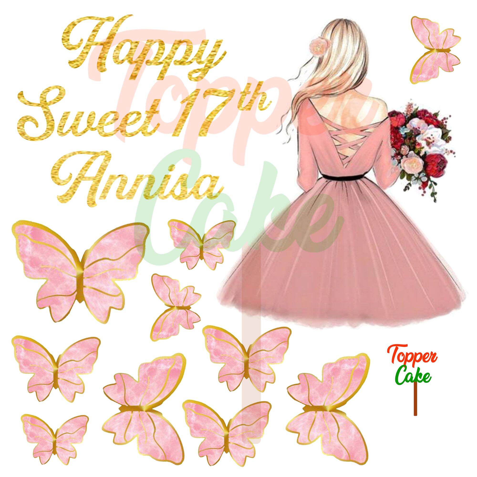 Topper Cake Sweet Seventeen gratis tambah nama, usia dan foto/Hiasan
