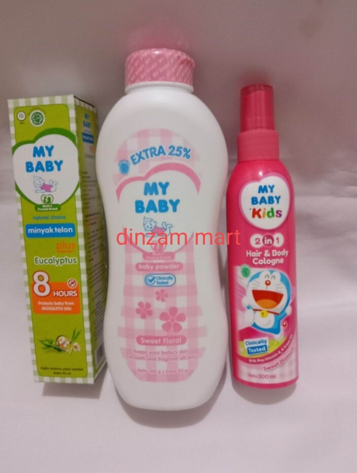 paket my baby bedak 90 g+minyak telon 90 ml+ baby colagne 100 ml pink / biru ( bedak random