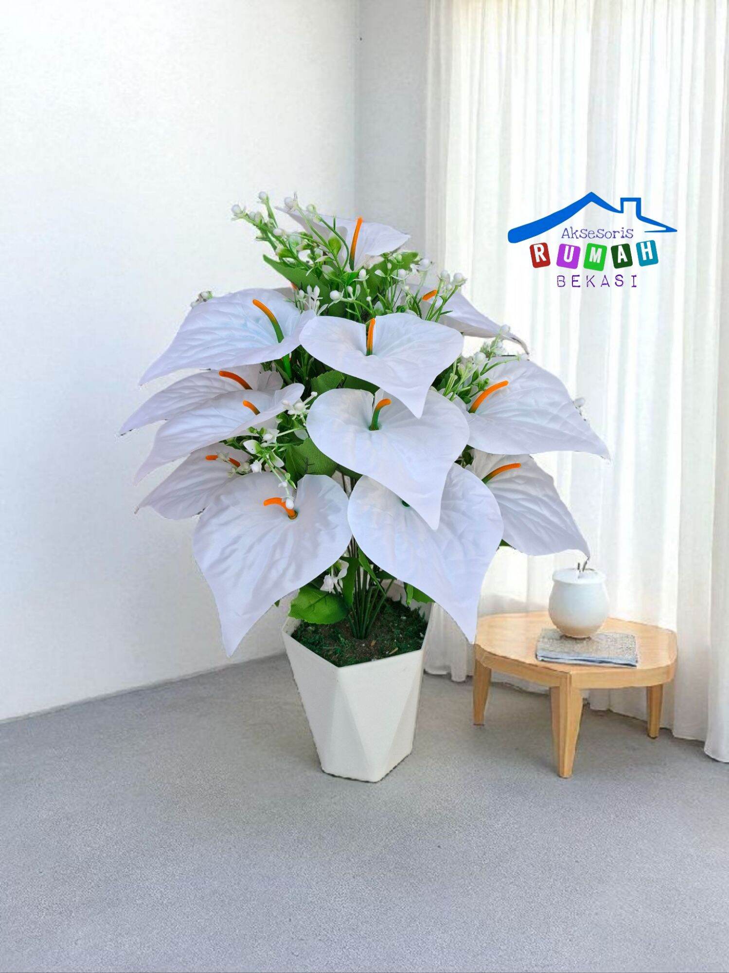 Bunga sudut anthurium Aron panda artificial 18 kuntum dengan pot diamond jumbo
