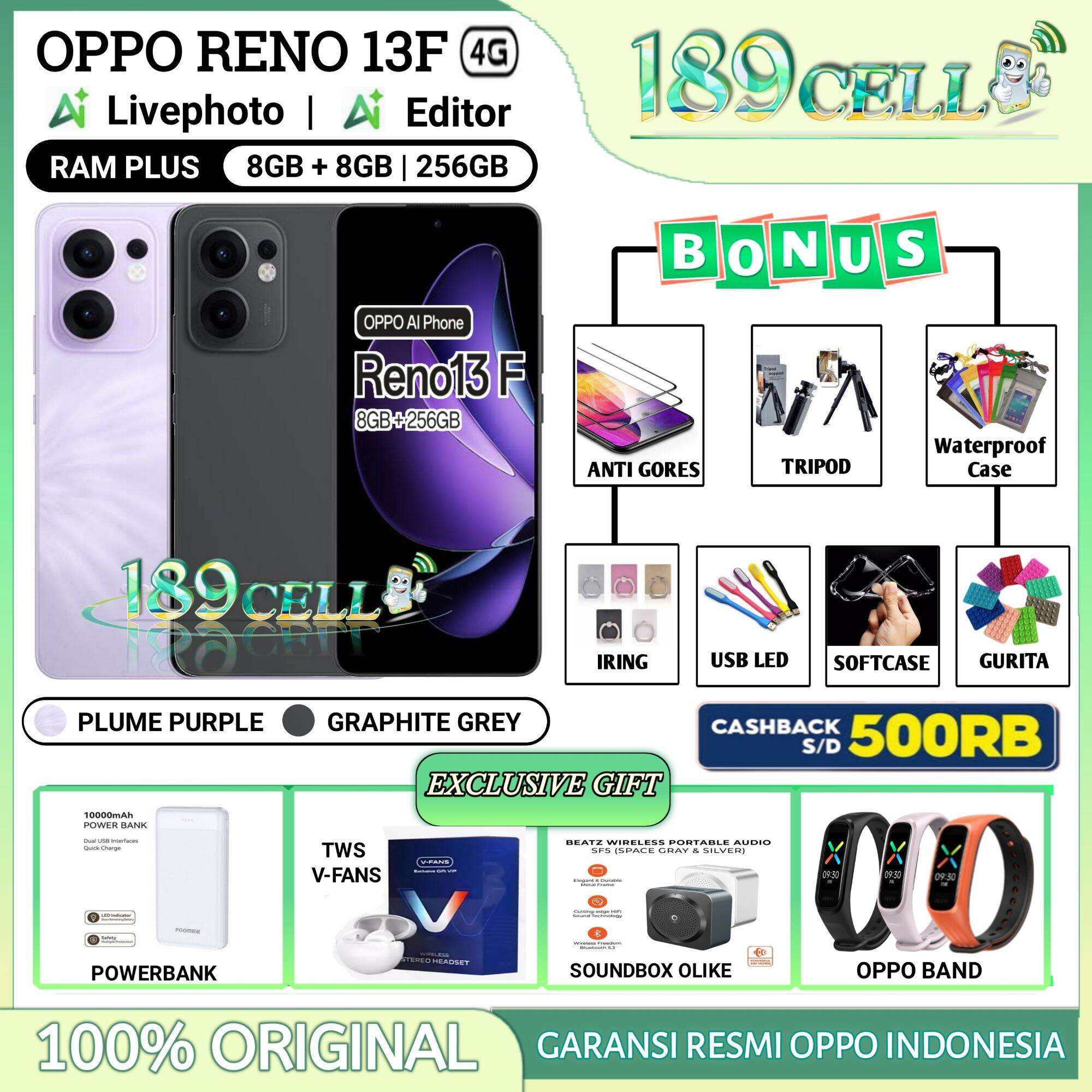 Oppo Reno 13F 4g Ram 8/256Gb | Oppo Reno13 F 4g Ram 8/256 Gb Official Oppo Indonesia Warranty Harga 3,739,900 rupiah*Gratis Ongkir