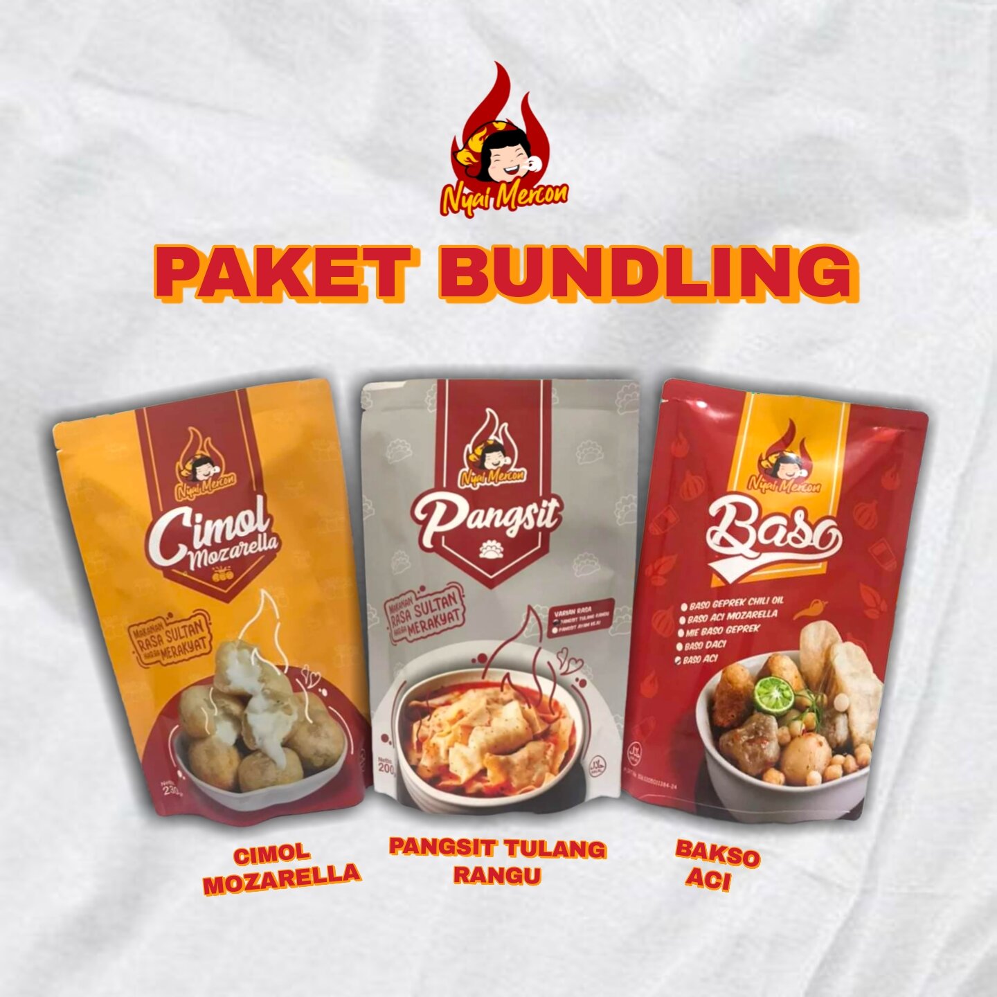 Nyai Mercon Paket Bundling Pangsit Tulang Rangu Cimol Mozarella Baso