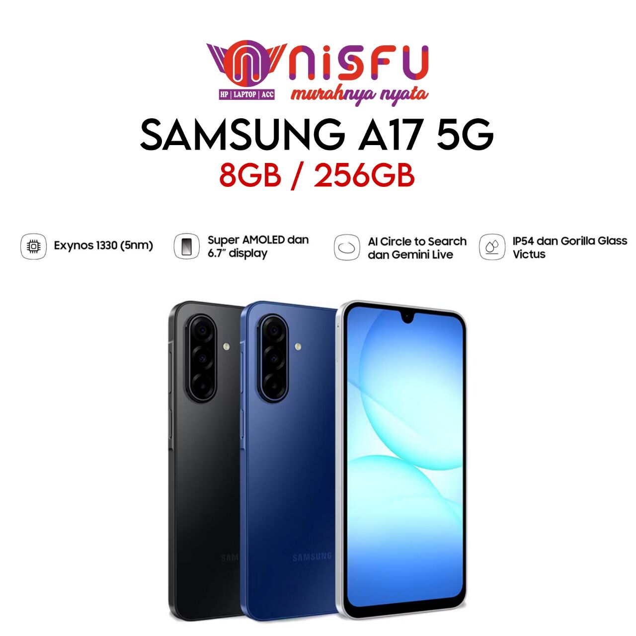 Samsung A17 5g 8Gb/256Gb | Super Amoled 6.7inch | Exynos 1330 | IP54 | Ai Circle search | Bergaransi resmi Harga  3,699,000 Ringgit*Penghantaran Percuma