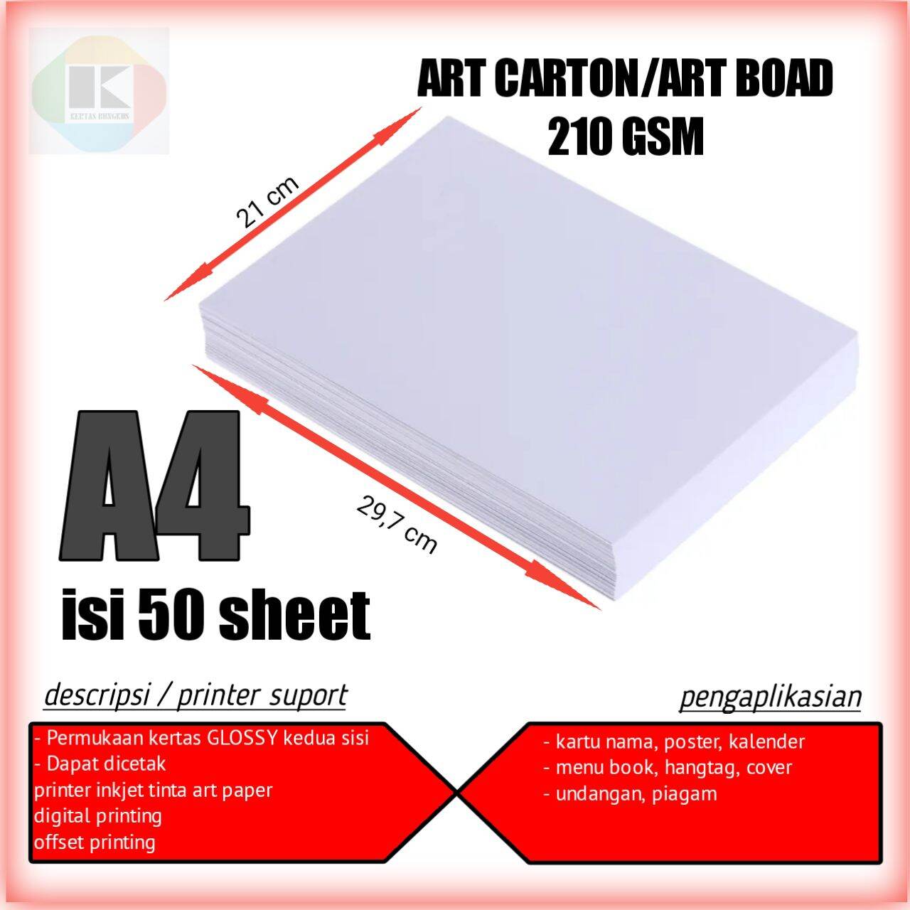 kertas art carton /art paper 210 gsm ukuran A4 (21x29,7)cm isi 50 sheet