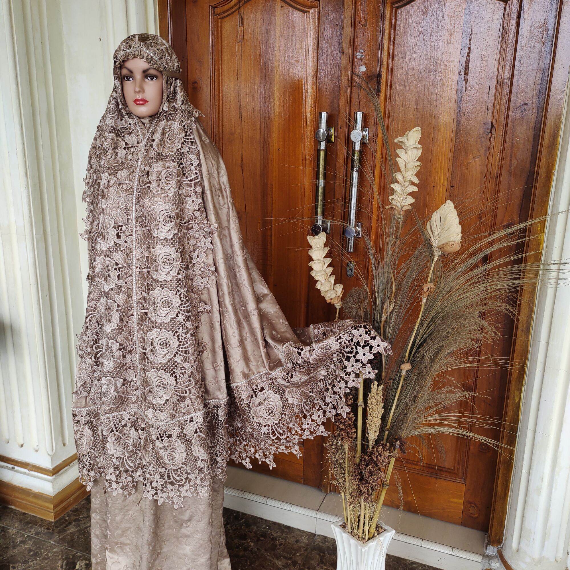 Premium Rose Lace Paris Silk Adult Mukena