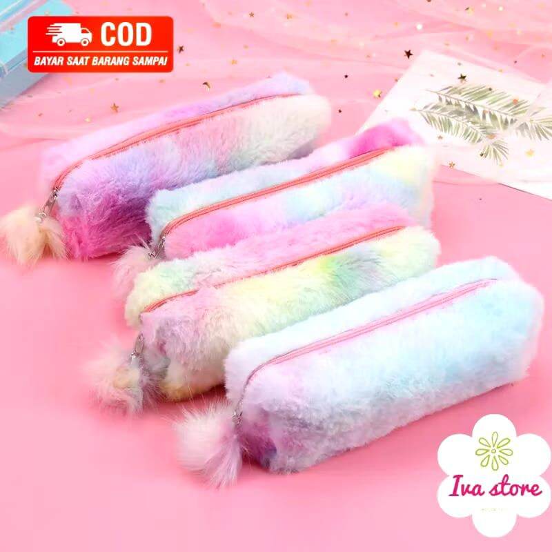 Tempat Pensil Bulu Rainbow