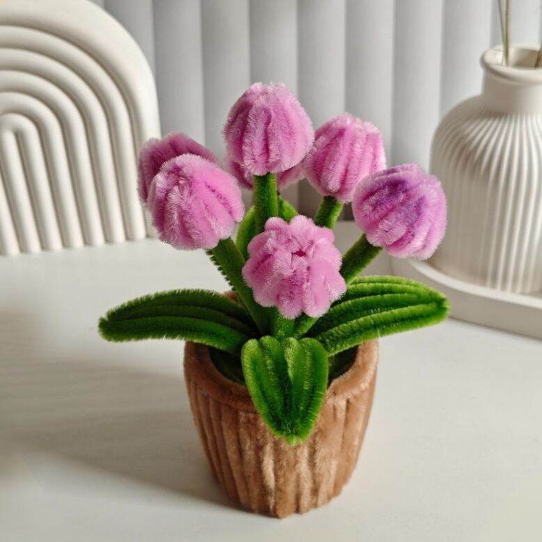Bunga Kawat Bulu Tulip + Pot / Tulip 7 tangkai / Bunga Hiasan Kawat bulu / hadiah