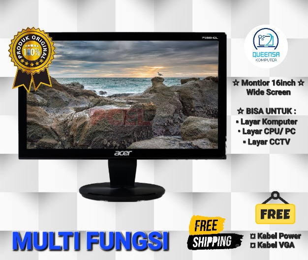 Monitor LED 16inch Wide Free Kabel Adapter & VGA Layar Jernih Original