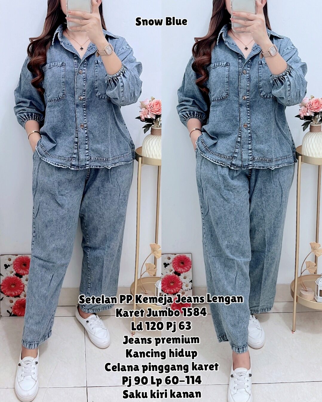 1584 SETELAN PP KEMEJA JEANS LENGAN KARET JUMBO WANITA|ONE SET LD120|SETELAN KEMEJA WANITA Harga 186,200 rupiah*Gratis Ongkir