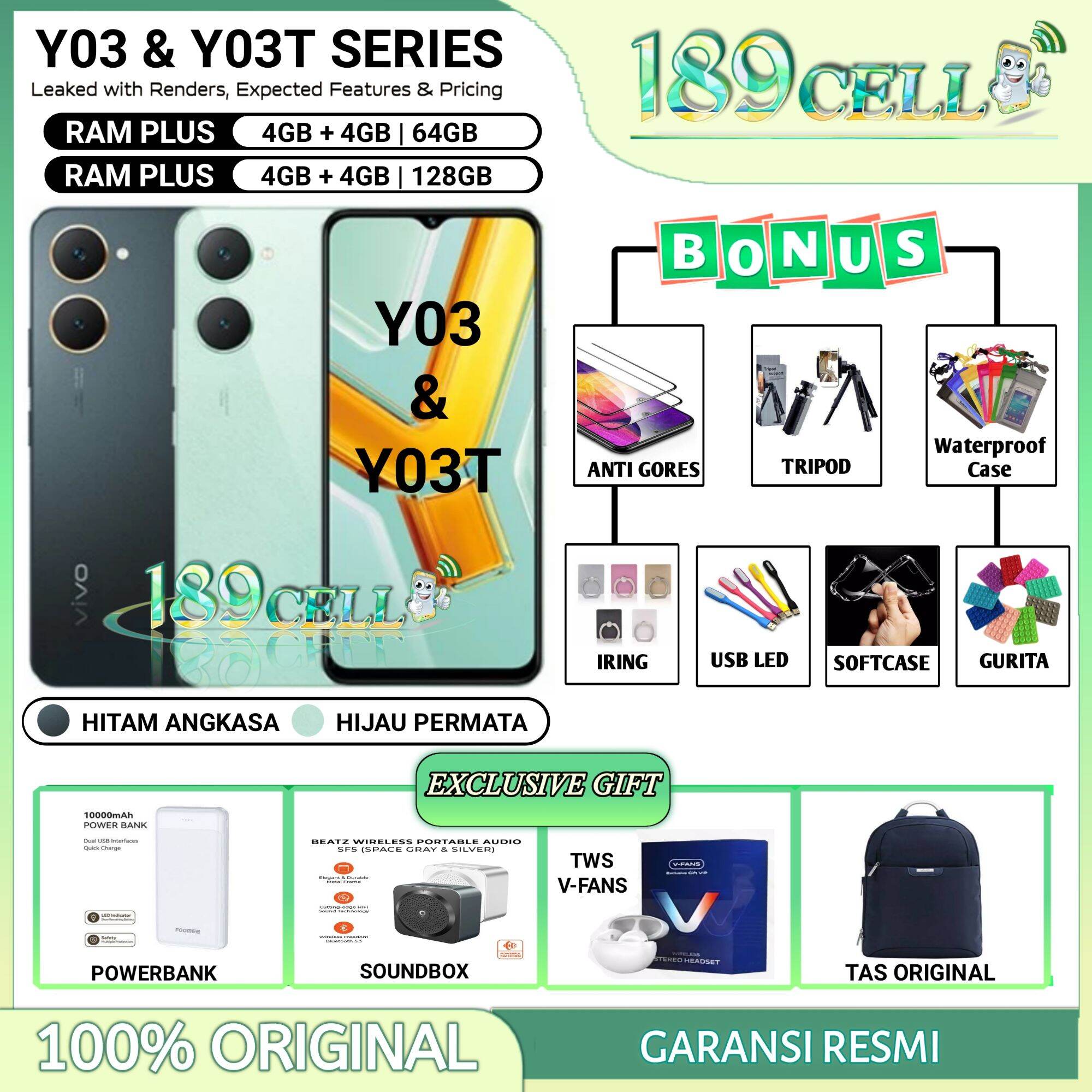 Vivo Y03 Ram 4/128 Gb | Vivo Y03T Ram 4/64 Gb Official Vivo Indonesia Warranty Harga 1,119,900 rupiah*Gratis Ongkir