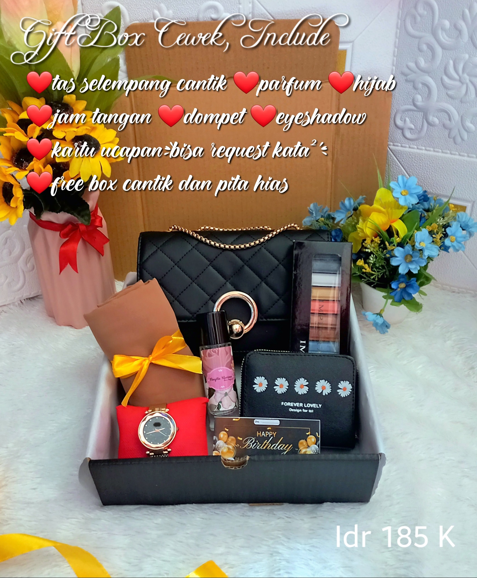 hampers cewek isi tas selempang black premium /hampers ultah/hampers wisudah/hampers pernikahan