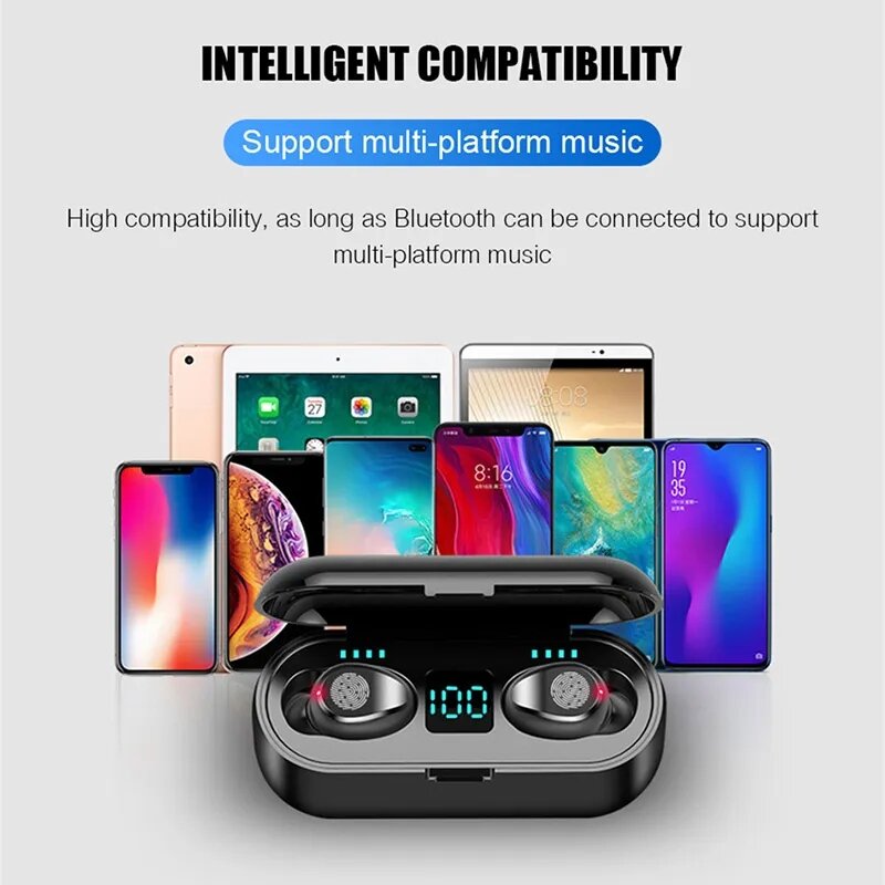 Headset Bluetooth F9 Tws Wireless Earphone Bluetooth Full Bass Stereo Earbuds Olahraga Hifi In Ear Mic dengan Mikrofon untuk semua perangkat. 