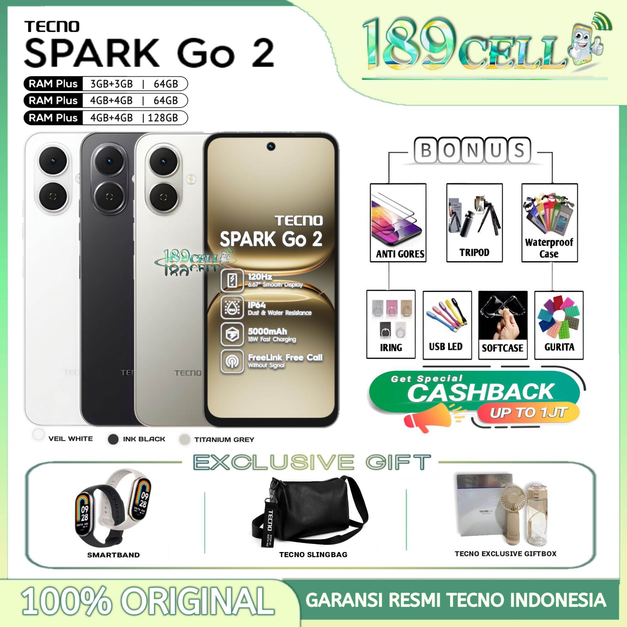 Tecno Spark Go2 3/64Gb 4/64Gb 4/128Gb - Ip64, 120Hz - 5000Mah, 18W - Spark Go 2 Official Warranty Harga 909,900 rupiah*Gratis Ongkir