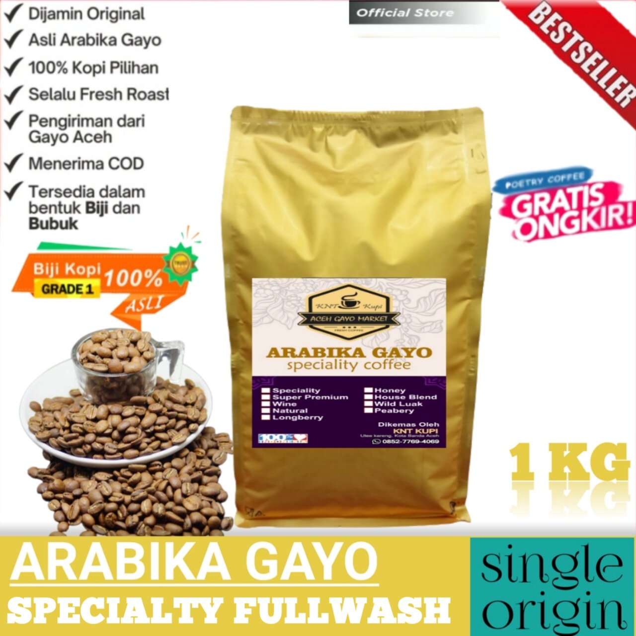 Original Aceh Coffee Arabica Gayo Original Specialty 1kg Pure Fine Powdered Coffee Beans, Traditional…
