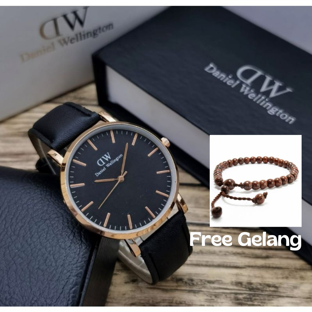 	 Jam Tangan Pria Elegan Mewah Tali Kulit Wd/Dewe Free Gelang & Baterai 	