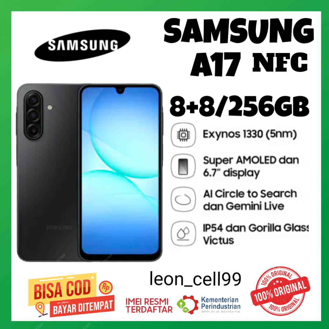 samsung A17 NFC 8+8/ 256 GB , layar super amoled batrai 5000 mah GRATIS TRAVEL ADAPTOR garansi resmi 1 tahum Harga 1,995,000 rupiah*Gratis Ongkir
