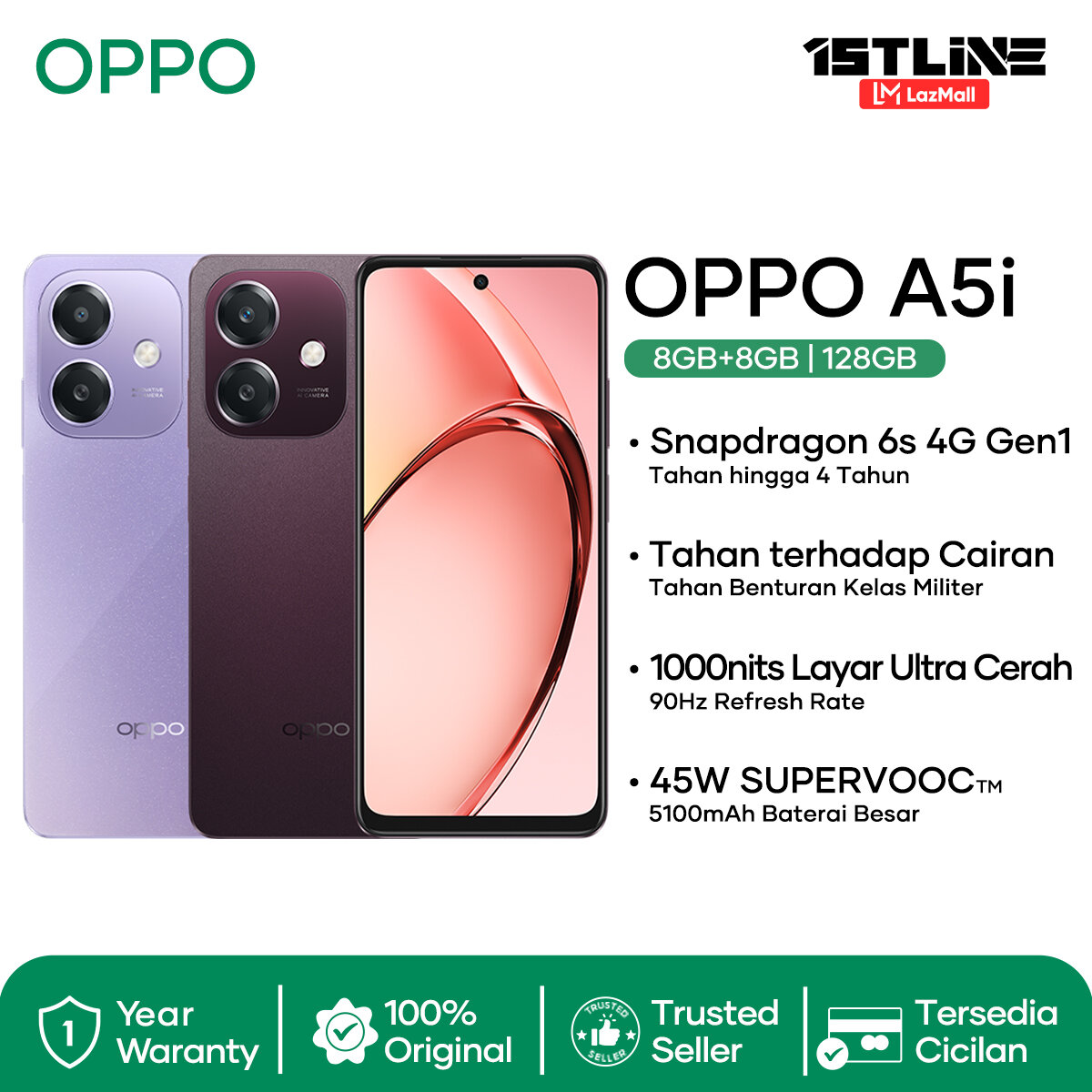 Oppo a5i 4/128GB 5100mah battery 45W supervooc 1 year official warranty, available cod Giá 1,699,000 Đồng*Miễn phí vận chuyển