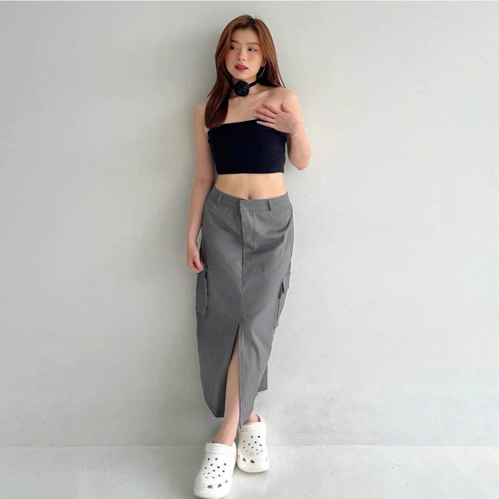 Rok Cargo Belah Cotton Twill Skirt Korean Style Wanita Kekinian ...