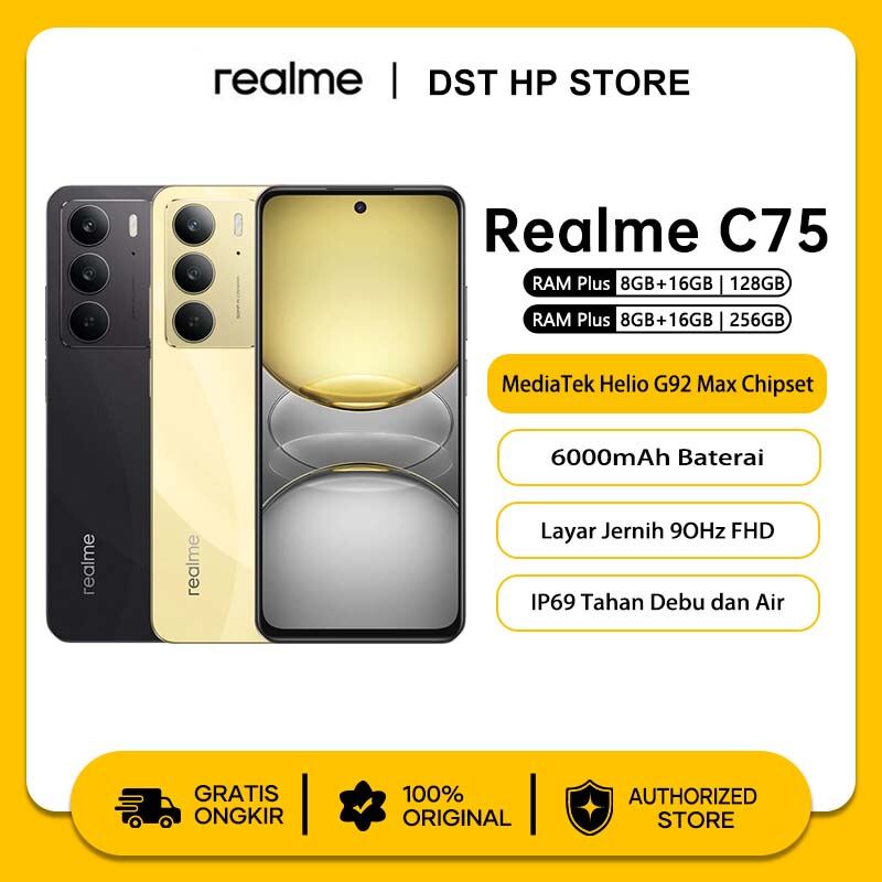 Realme C75 8GB + 16GB | 256GB ( IP69 dust and water resistant | 400% ultraboom | 6000mAh massive batery) Giá 2,399,000 Đồng*Miễn phí vận chuyển
