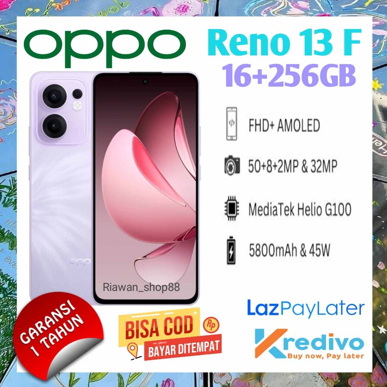 Hp oppo reno 13F { NFC } Ram 16 GB+256GB mediatek helio G100, 67w fast charging ,garansi resmi ,imei terdaftar Harga  4,699,000 Ringgit*Penghantaran Percuma