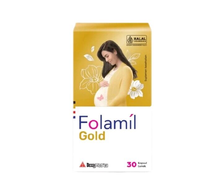 Folamil Gold suplemen kehamilan dengan 30 kapsul sertifikasi halal cocok untuk ibu hamil.
