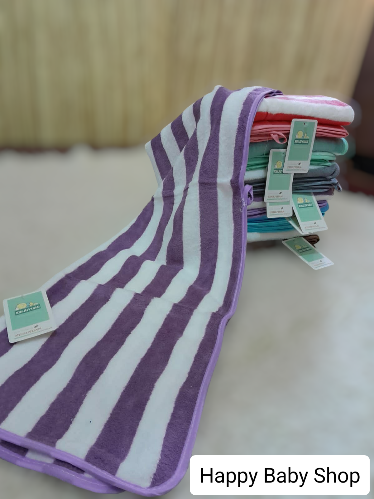 Handuk bayi import motif salur ukuran 100x50cm happybabyshop