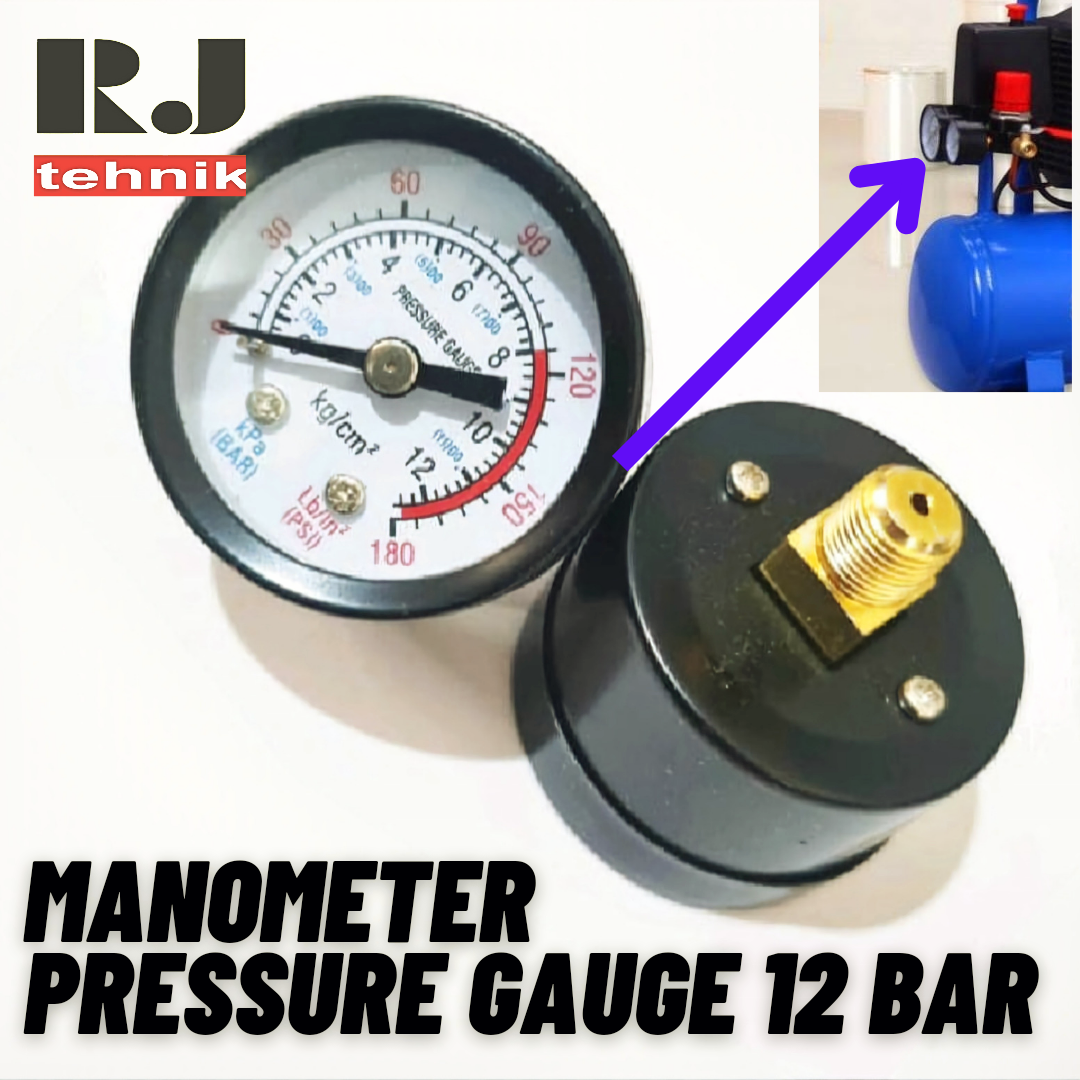 Manometer Pressure Gauge Kompresor 12 Bar Meteran Pengukur Tekanan