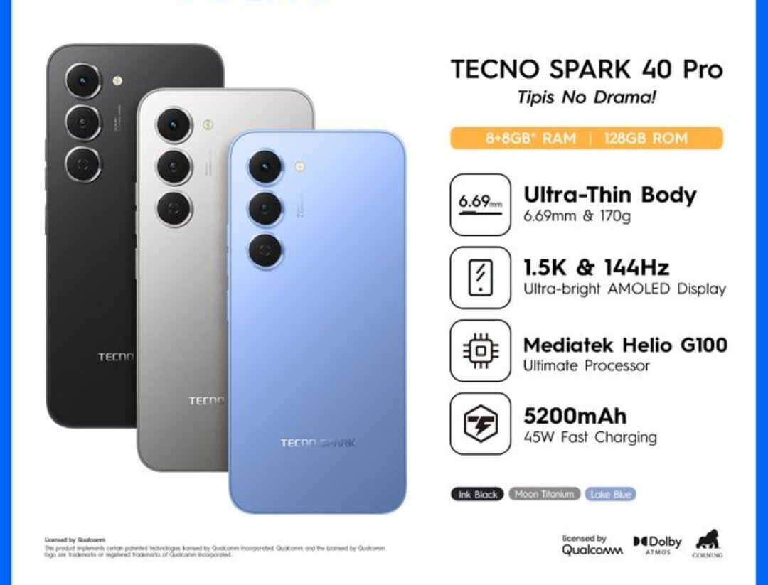 Tecno spark 40 pro 8/128 mediatek helio G100 garansi resmi Harga  2,298,000 Ringgit*Penghantaran Percuma