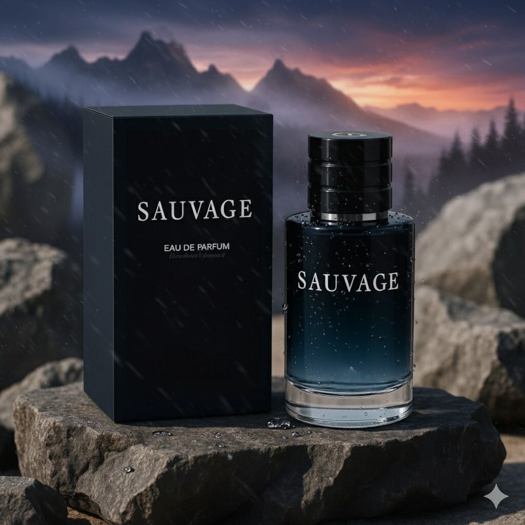 [100% Original Premium] Savage Eau De Parfum for Men Dark Blue Glass Bottle with Black Cap on Stone Ba…