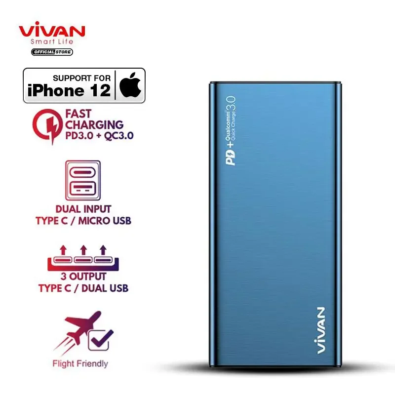 VIVAN Powerbank 10000 mAh Power Bank 3 Output Fast Charging 18W QC3.0 PD