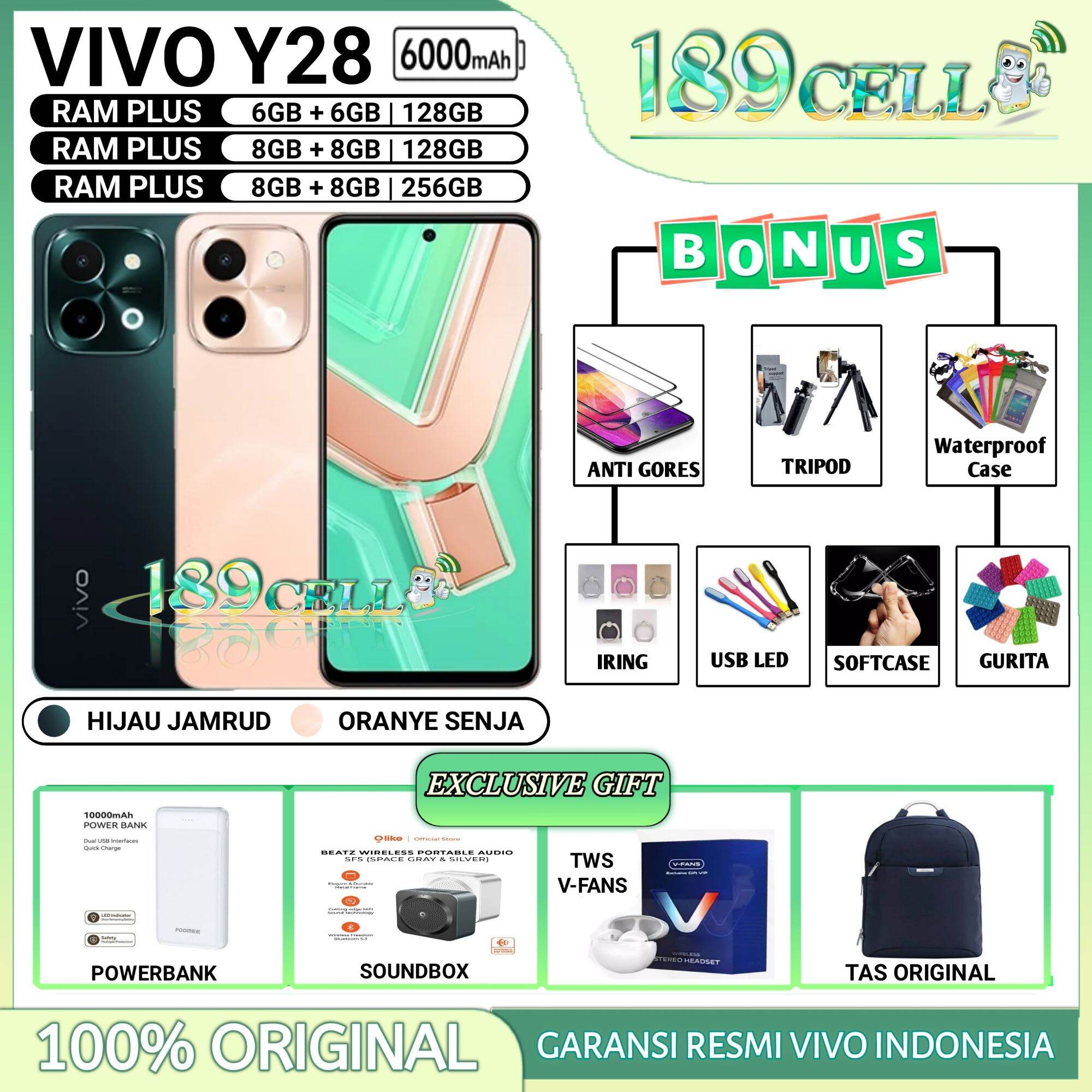 VIVO Y28 RAM 8/256 GB | VIVO Y 28 RAM 8/128 GB | VIVO Y28 RAM 6/128 GB GARANSI RESMI - Merek vivo Harga 1,779,900 rupiah*Gratis Ongkir