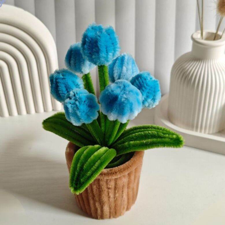 Bunga Kawat Bulu Tulip + Pot / Tulip 7 tangkai / Bunga Hiasan Kawat bulu / hadiah