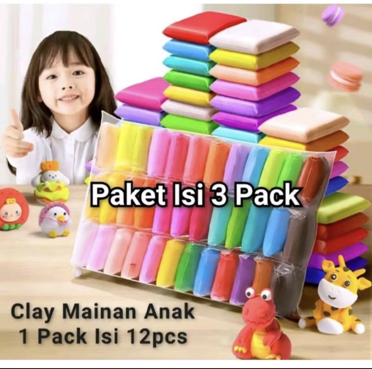 3 Pack Clay Polymer Mainan Anak Edukasi SLIME Clay Colour Play 1 Pack lsi 12PCS Warna Warni
