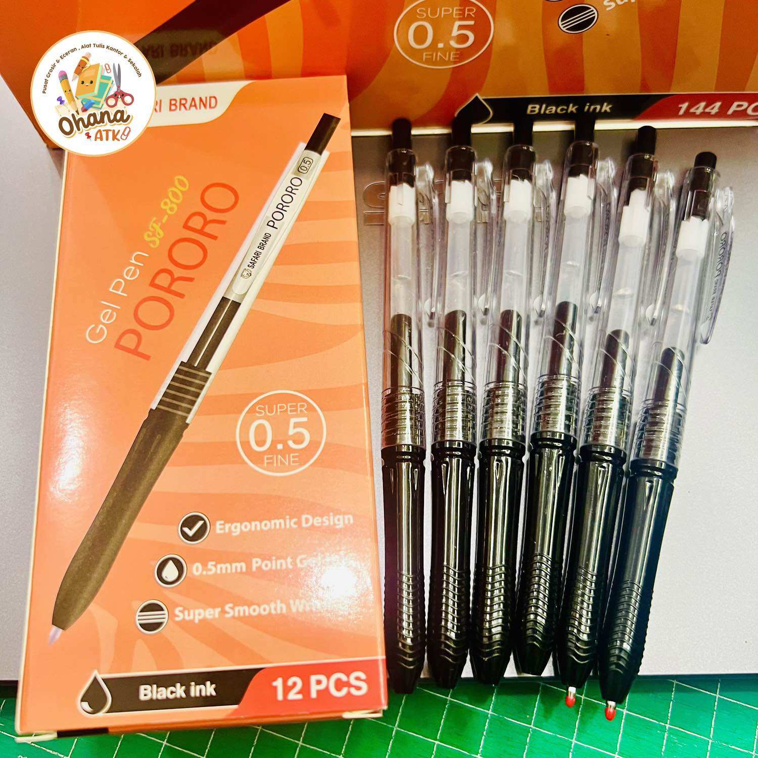 (12 pcs) Pulpen Gel PORORO SAFARI SF-800 KOKORO Hitam 0.5