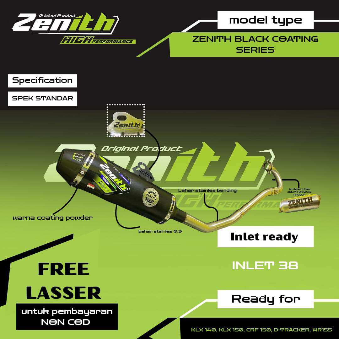 KNALPOT ZENITH ORIGINAL BLACK COATING SERIES. PNP FORR : KLX, CRF, D-TRACKER, WR155 Harga 575,000 rupiah*Gratis Ongkir