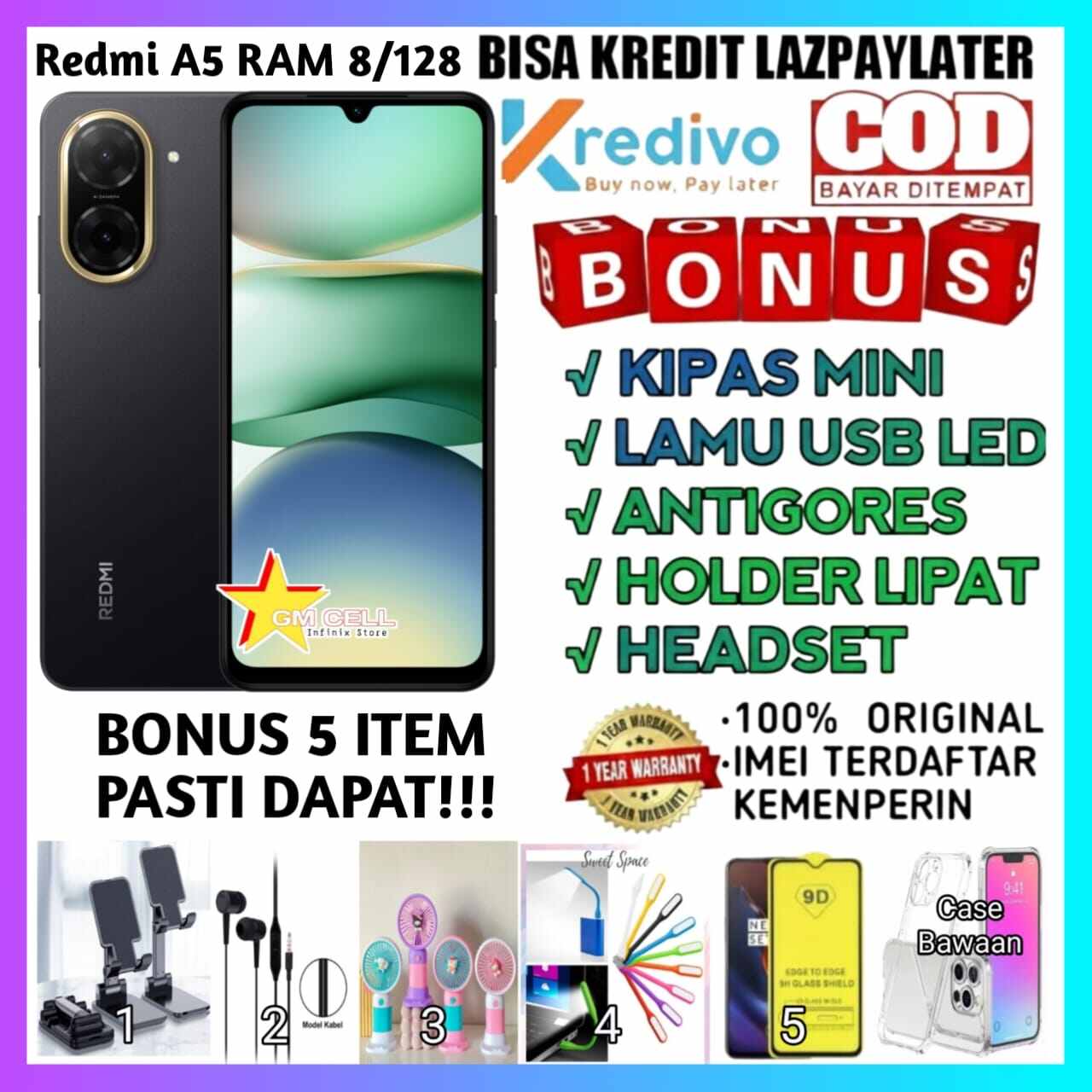 Xiaomi Redmi A5 RAM 8 + 128 camera 32mp. + bonus 5 item definitely can. original IMEI registered kemenperin Harga  1,185,000 Ringgit*Penghantaran Percuma