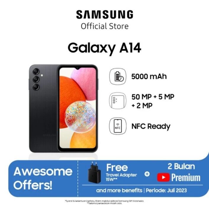 SAMSUNG A14 4G RAM 4/128 GB GARANSI RESMI 1 TAHUN ORIGINAL BISA KREDIVO / PAYLATER Harga  2,295,000 Ringgit*Penghantaran Percuma