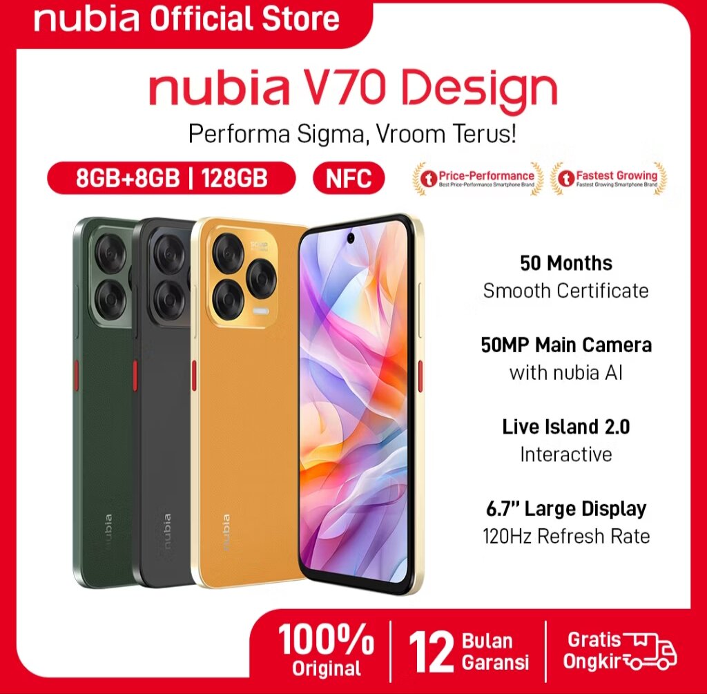 zte nubia v70 design 8/256 8/128 garansi resmi Giá 1,599,000 Đồng*Miễn phí vận chuyển