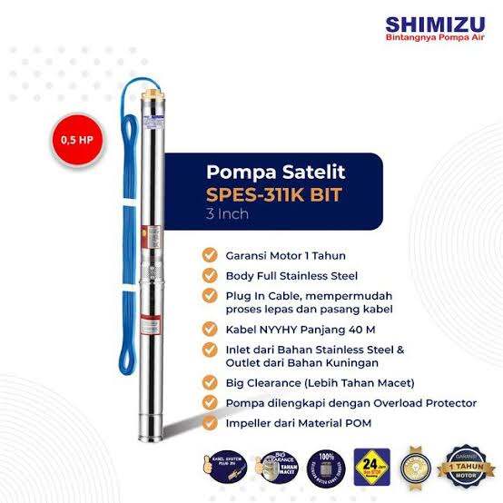 submersible pump shimizu spes-311k bit 0,5hp 3" + kabel pompa satelit Harga 2,020,000 rupiah*Gratis Ongkir