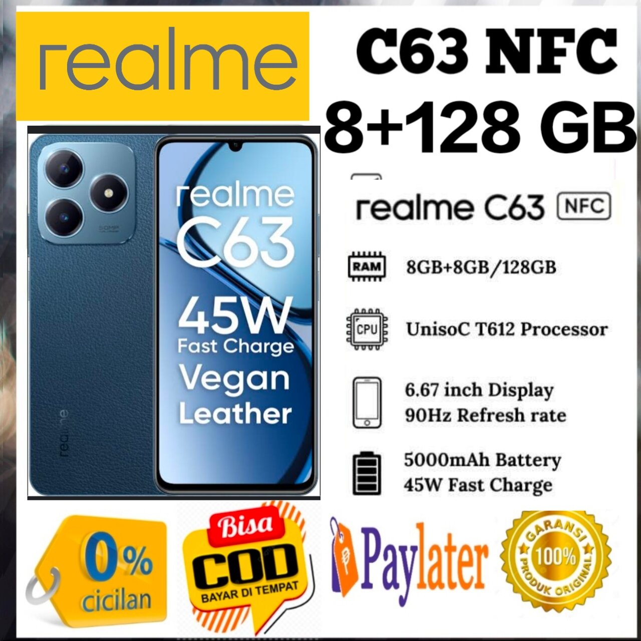 Realme C63 NFC RAM 8 + 128 GB unisog T612 1 year warranty (IMEI listed) HP original and replacement seal type C53 - Merek realme Harga 1,115,000 rupiah*Gratis Ongkir