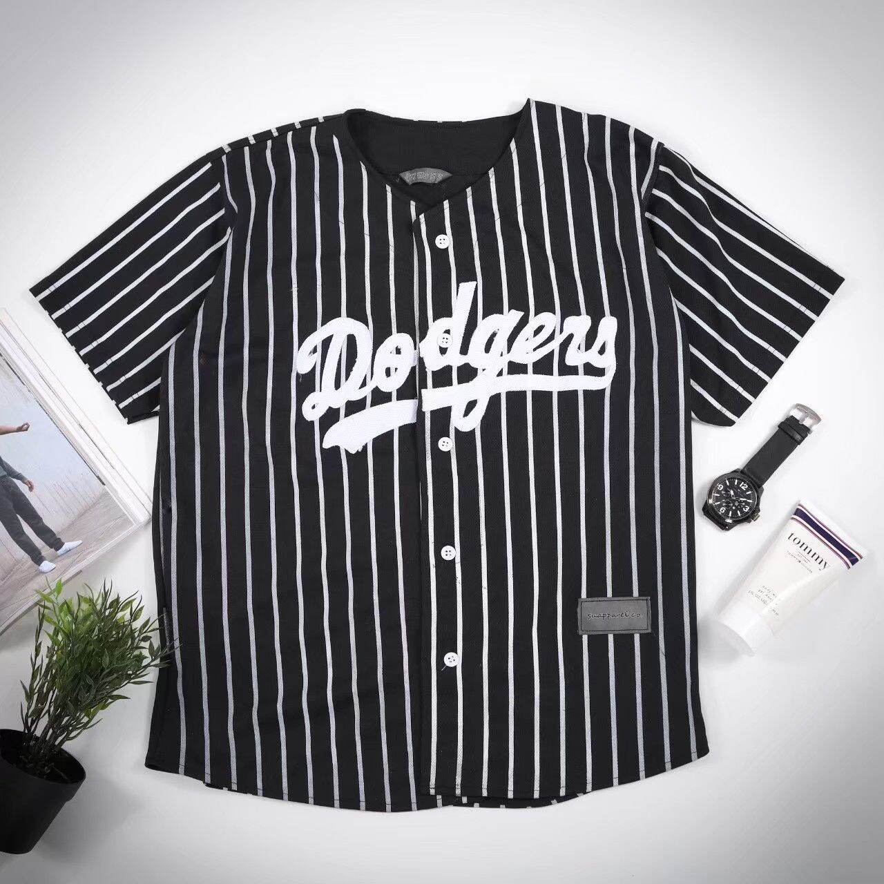 Baju Sport Jersey Baseball dodgers salur hitam Pria Wanita