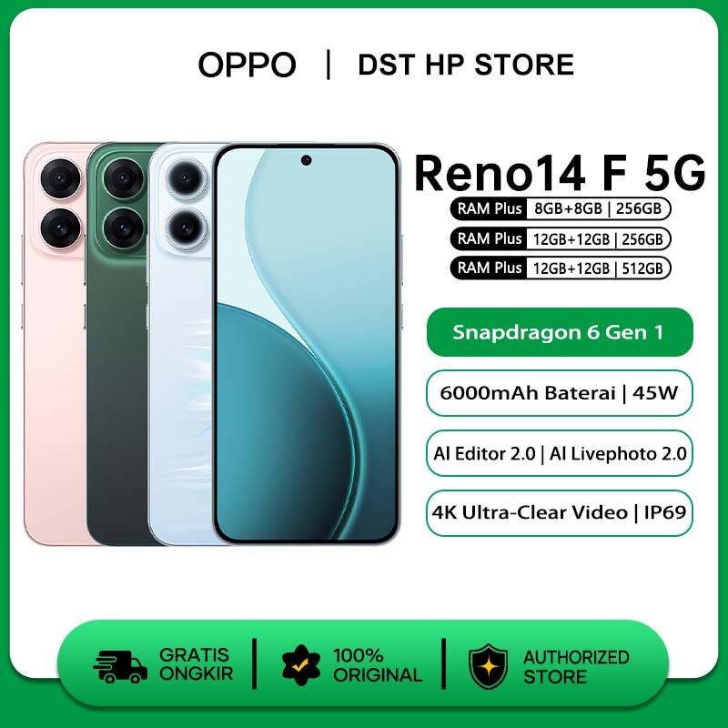 Oppo ren14 F 5G 12/256GB 12 + 12GB extended RAM AI editor IP69 water resistance official warranty Harga 5,999,000 rupiah*Gratis Ongkir