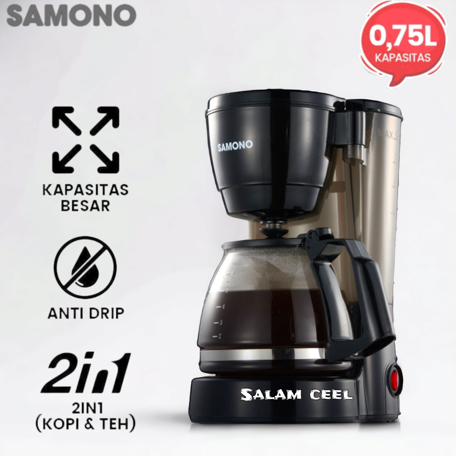 Samono 750ML Coffee Maker Mesin Kopi Multifungsi 2 in 1 Anti Bocor 600Watt Low  Watt Bahan Plastik SW-CMB06B Black