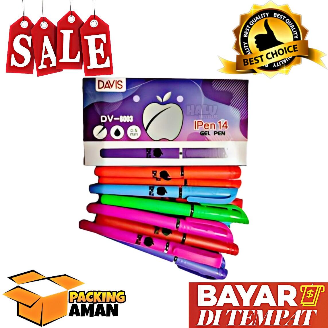 (BISA COD) PROMO 12 Pcs Pulpen Gel Apel DV-8003 / Pen Ipen 14 / Bolpen Davis 0.5mm Murah