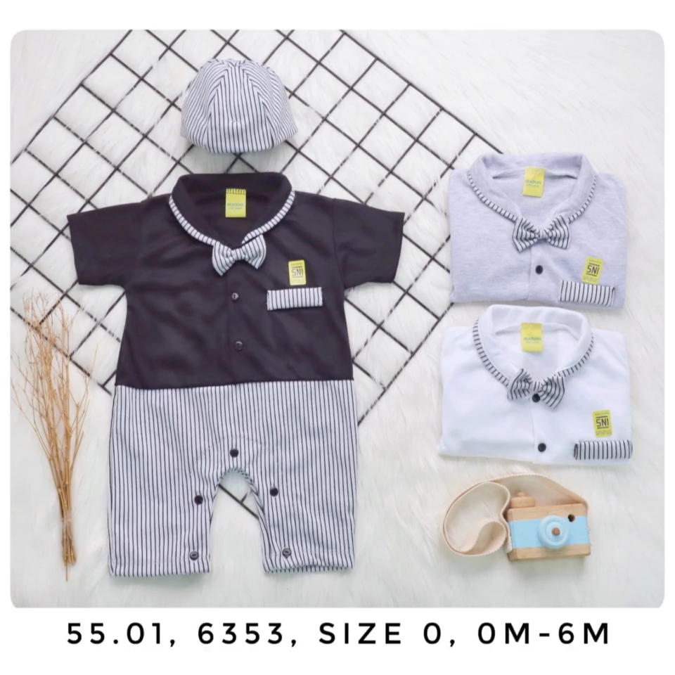 Romper Dasi Bayi Laki Baju Anak Cowok Pesta Tuxedo Topi Dasi Kaos Katun Newborn 0 -6 Bulan Akachan