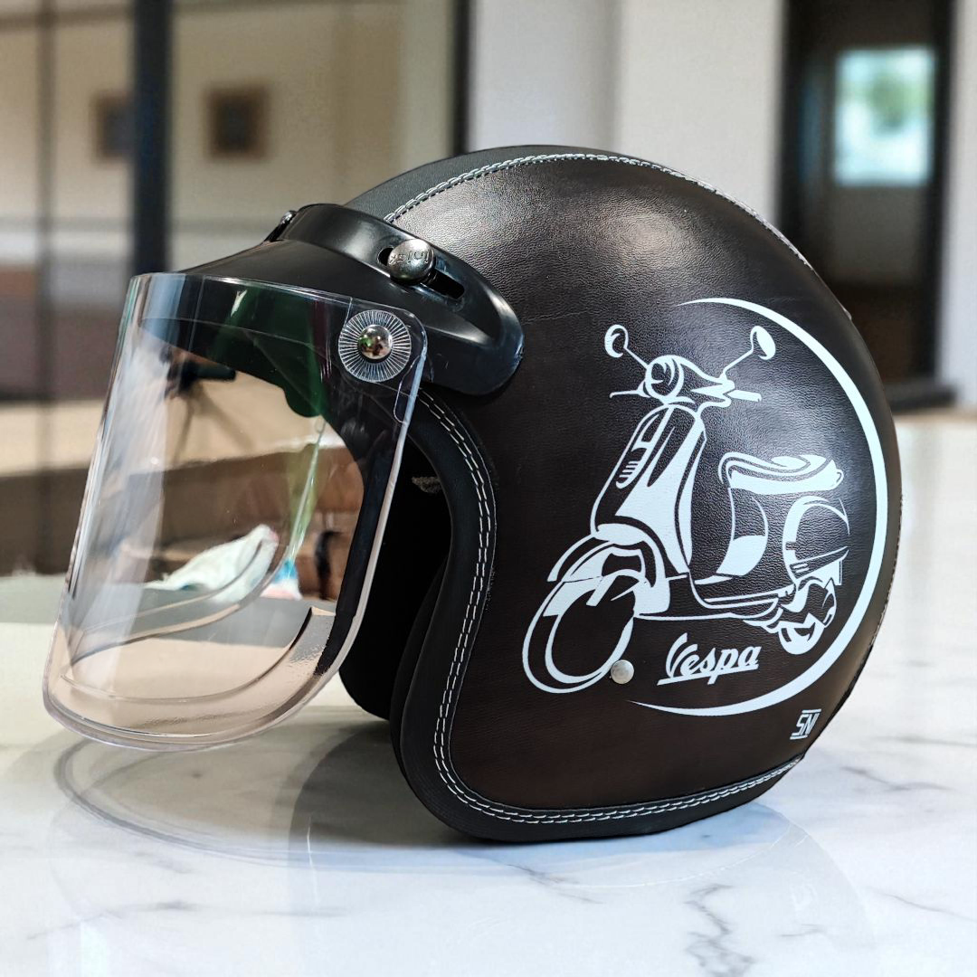 Helm Bogo Kulit Full Leher Retro Wanita Pria Dewasa SNI Motif Vespa Hitam  Kaca Datar