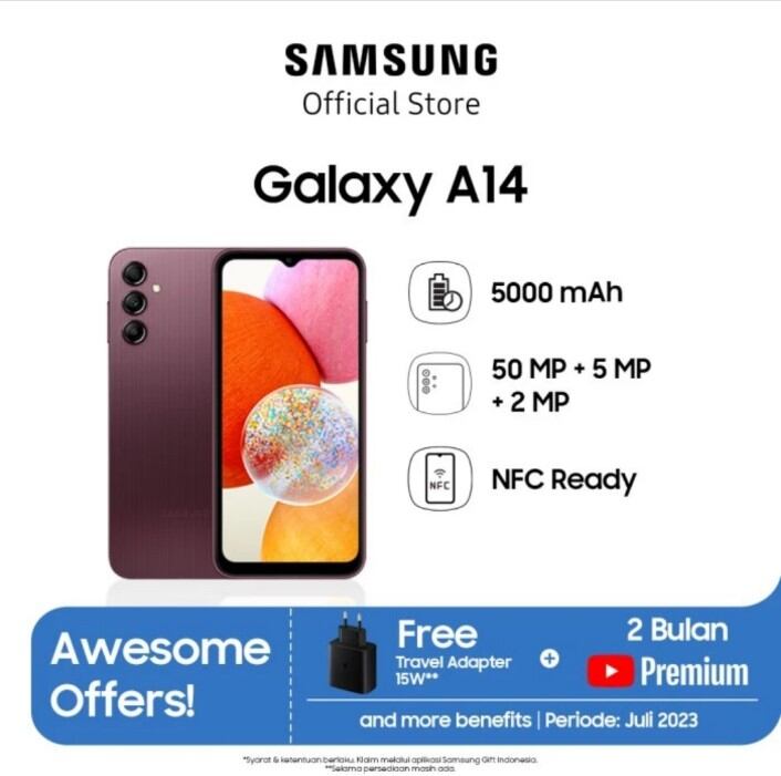 SAMSUNG A14 4G RAM 6/128 GB GARANSI RESMI 1 TAHUN ORIGINAL BISA KREDIVO / PAYLATER Giá 2,495,000 Đồng*Miễn phí vận chuyển